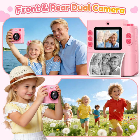 Kids Camera With Instant Print No Ink Thermal Photo Printer Pink For Ages 3 To 12, Easy Snap And Share, Perfect Birthday Gift For Girls, Inkless Printing, Color Paper Optional Not Included, Durable Fun For Young Shutterbugs; pink front and rear dual camera