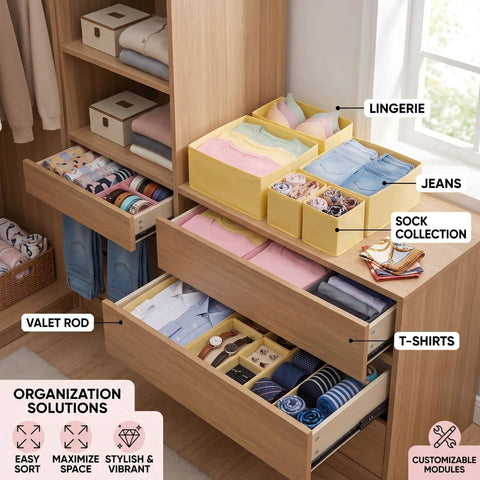 8 Pack Fabric Drawer Organizer Bins with Versatile Multi Size Storage Cubes for Clothing and Gear to Declutter Your Dresser Effortlessly in use.