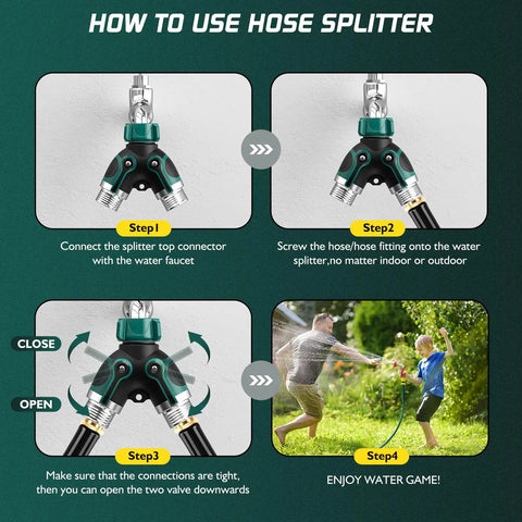 2 Way Garden Hose Splitter With Shut Off Valve For 3/4 Inch Hose Connector Heavy Duty Metal Outdoor Faucet Y Connector For Garden Hose No Leaks With Leak Proof Washers Included installed on faucet with two hoses