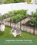 No Dig Black Metal Garden Fence Panels Six Pack Decorative Border around vegetable garden with rabbits nearby.
