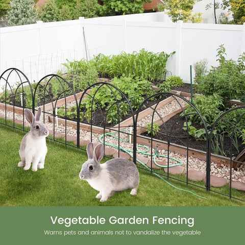 No Dig Black Metal Garden Fence Panels Six Pack Decorative Border around vegetable garden with rabbits nearby.