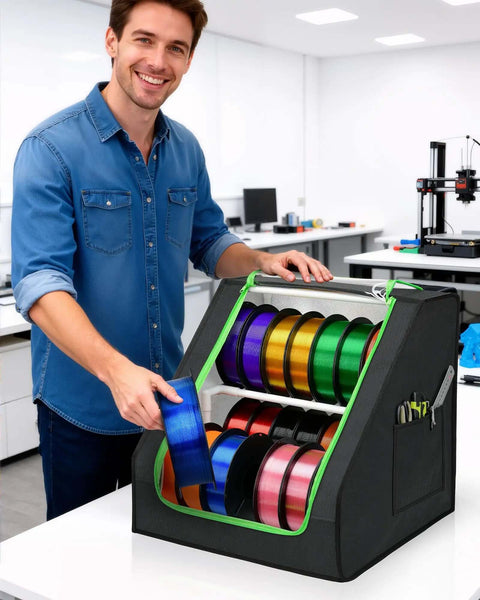 Person in workshop using Heavy Duty 3D Printer Filament Storage Box With 21 Spool Capacity, 2-Tier Filament Rack Organizer, stable trapezoid frame
