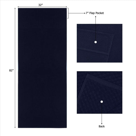 Two Pack Navy Blue Pool Lounge Chair Covers With Waffle Weave Cotton Terry Towels, Oversized 32 Inch Wide By 82 Inch Long Chaise Covers With A 7 Inch Pocket, Absorbent Beach Chair Towel Set shown in dimensions and details.