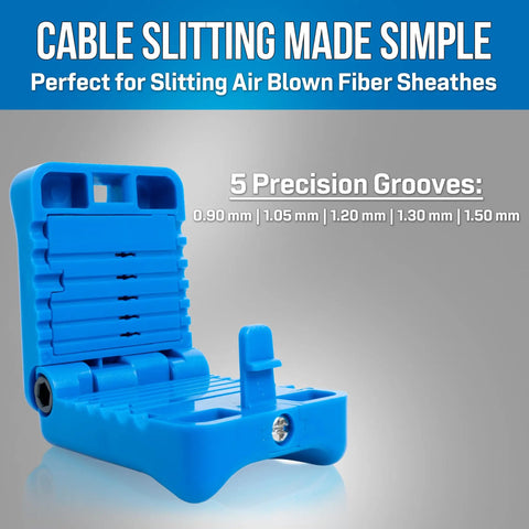 Mid Span Fiber Slitter For ABF Cables 0.9 To 1.5 Mm Precision Five Groove Blade Depth Control Pro Grade Safe Slitting Tool For Clean Outer Sheath Removal Without Damaging Internal Fibers, blue plastic tool shown open