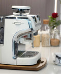 Rock Solid Wooden Appliance Slider With 360 Rolling Wheels For Coffee Makers with a coffee machine on it in a kitchen setting.