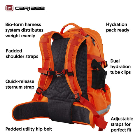 Back view of Hi Vis Orange Safety Backpack With Reflective Panels, showing hydration reservoir compartment and adjustable straps.