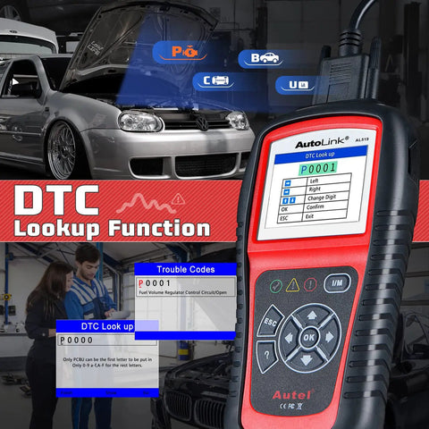 AL519 Enhanced OBD2 Scanner Car Diagnostic Tool with Check Engine Code Reader displaying DTC codes on screen.