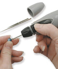 Cordless Motorized Bead Reamer for opening and enlarging holes in glass ceramic or stone with 3 diamond points in hand use