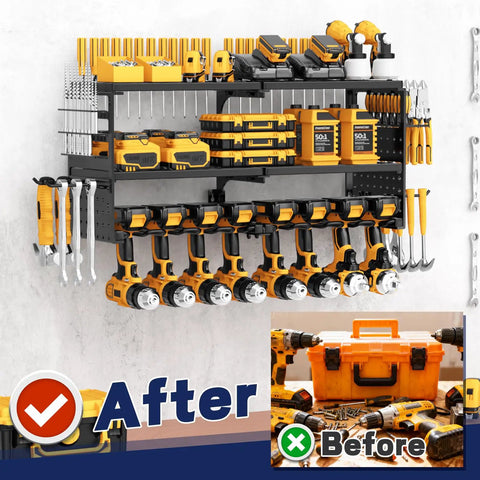 Heavy Duty Wall Mount Tool Organizer Rack For Garage 3 Tier Metal Shelf With 8 Drill Holders 300 lb Capacity, installed view