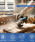 Person using angle grinder with Carbon Brush Replacement Kit for Electric Motors, 60 Pieces in 10 Sizes, against wood surface.