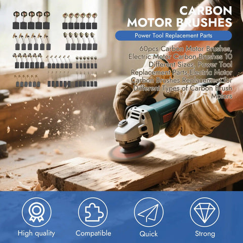 Person using angle grinder with Carbon Brush Replacement Kit for Electric Motors, 60 Pieces in 10 Sizes, against wood surface.