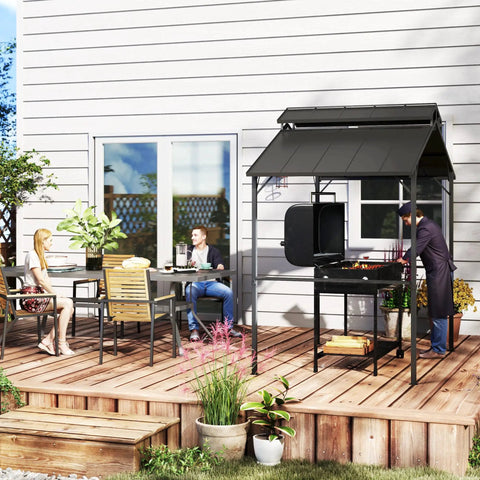 Hardtop Grill Gazebo For Outdoor Cooking With Double Roof 8 Ft By 5 Ft BBQ Canopy Two Side Shelves And Ten Hooks Weatherproof Patio