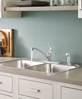 Low Arc Chrome Kitchen Faucet With Side Sprayer And Pull Out Spray Head, Single Handle, 4 Hole Mount, installed in kitchen