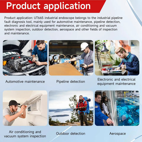 Product application scenarios for Handheld Workhorse Borescope Endoscope Tool with 30W Pixel Camera and 4.3 Inch IPS Display UT665P-10M.