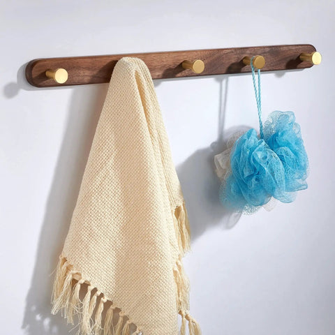 Super Heavy Duty Brass Coat Rack Multi Hooks For Bathroom Kitchen Entrance Hall Holds Hats Robe Keys Bag Drop Proof Easy Install Curved Design Anti Slip Hang On Your Walls Sweet Sturdy Piece Ready To Roll with cream towel and blue loofah.