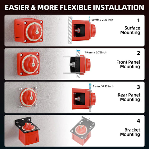 Heavy Duty 12 to 48V Battery Disconnect Switch With Mounting Bracket Waterproof Marine Isolator 300A Continuous 900A Cranking Surface Or Flush Mount Ideal For Boat RV Truck Car Solar Systems - Installation options diagram
