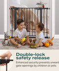 Expandable Baby Gate For Stairs And Doorways With Auto Close Pressure Mounted Pet Gate For Dogs Indoors Kid Safe Easy Walk Through Door Black Fits 29.7 To 40.6 Inches Moms Choice Awards Winner shown with two children playing
