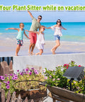 Compact Programmable Solar Automatic Plant Waterer Kit in use with flowers, family on beach above, set it and forget it feature shown.