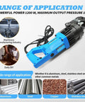 Electric Hydraulic Hole Punch Tool 1200W 110V, blue design, punching metals like steel, copper for industrial and DIY use, 10-ton power.