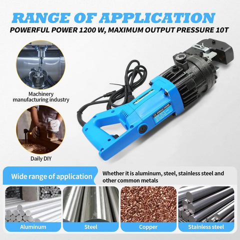 Electric Hydraulic Hole Punch Tool 1200W 110V, blue design, punching metals like steel, copper for industrial and DIY use, 10-ton power.