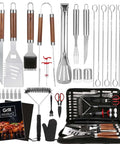 34-piece stainless steel BBQ tool set with brown wood handles, carrying bag, grill mats and glove – front view
