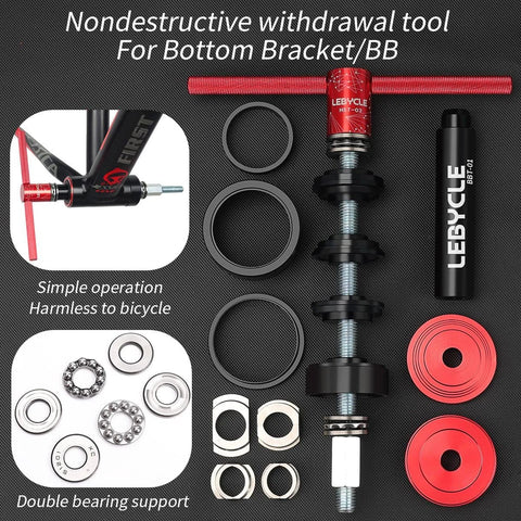 Bicycle bottom bracket bearing press kit with red handle, threaded shaft, metal rings, spacers, and red discs