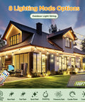 100Ft Solar String Lights Outdoor Waterproof With Remote And Timer illuminating a house exterior at night with multiple lighting modes.