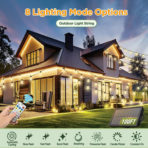 100Ft Solar String Lights Outdoor Waterproof With Remote And Timer illuminating a house exterior at night with multiple lighting modes.