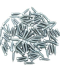 Tough As Nails M8 Snow Tire Screws 100 Piece Set Tungsten Steel Spikes laying scattered on a white surface, showing sharp edges for grip.