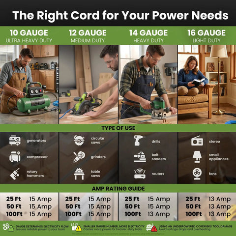 Infographic comparing different extension cord gauges 10, 12, 14, and 16 showing usage and amp ratings.
