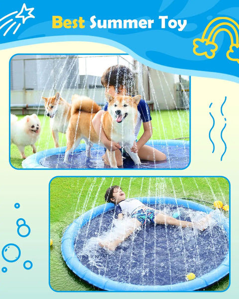 Child and dogs playing on Splash Pad For Dogs And Kids, Anti Slip Dog Pool For Large Dogs, 67 Inch Blue water play mat.