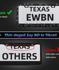 Comparison of Rhinestone License Plate Frame Bling for Women With Sparkly Crystal Shine showing thin and wide edge designs