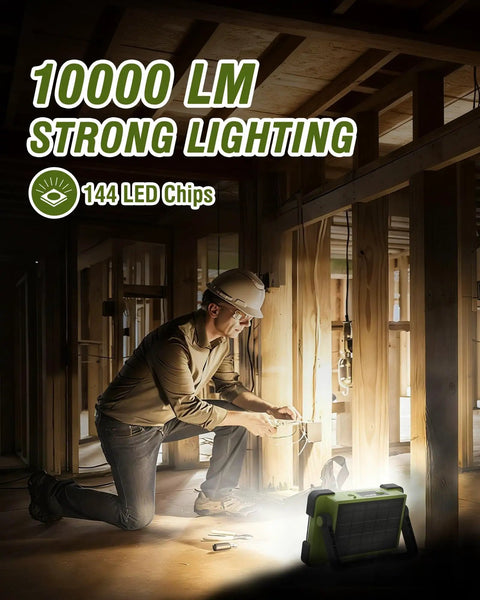 Person using Go-To Solar Rechargeable Work Light With Stand, 120W Flood Light, 144 LED, 10000 Lumens in construction site