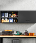 Heavy Duty Steel Garage Wall Cabinet With Doors And Shelves, Wall Mounted Tool Storage Cabinet For Garage, Basement, Kitchen And Warehouse, Black Powder Coat Finish, 21.6 Inch High, Scratch And Rust Resistant, 120Lb Load Capacity open with supplies