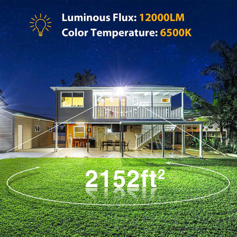 Ultra Bright 120W Outdoor LED Flood Lights illuminating a yard with 12000 Lumens, showcasing coverage area at night.