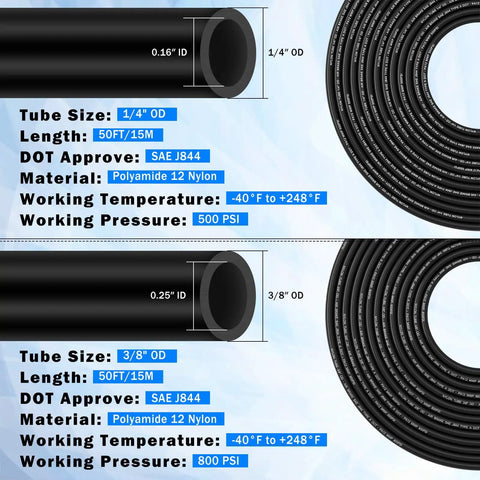 Image showing DOT air line kit with two 50 ft rolls of 1/4" and 3/8" lines for auto shop and DIY projects, including tube specifications.