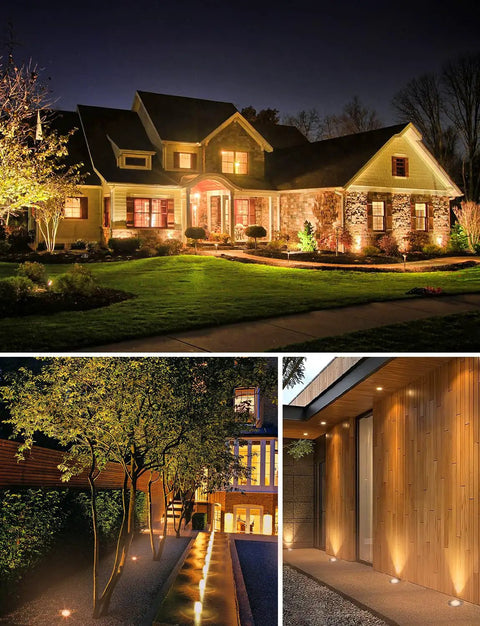 12W Low Voltage Landscape Lighting Kit With Connectors 1200LM Ultra Bright In Ground Well Lights For Garden Yard Driveway Waterproof Outdoor Warm White 12 Pack illuminating a house exterior and walkway at night.