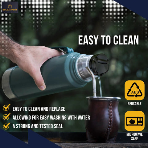 Hand pouring from insulated flask with replacement cap for wide mouth flasks, BPA-free gasket, easy to clean, 1.1Qt to 2Qt.