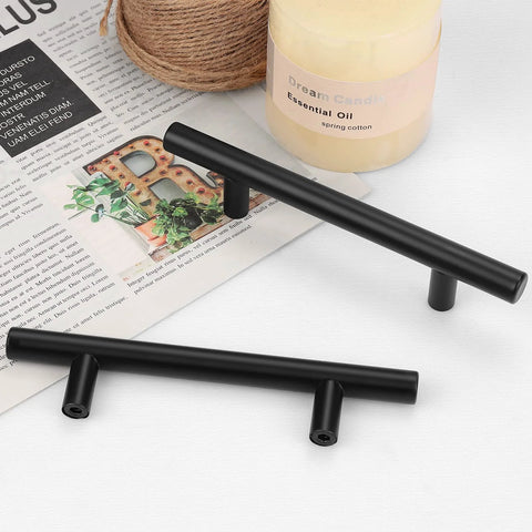 10 Pack 256mm Center To Center Black Bar Cabinet Pulls Modern T Bar Handles on table, hollow stainless steel, 12mm diameter, 32mm projection