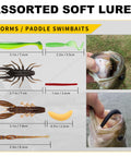 Assorted soft lures with measurements, including worms and paddle swimbaits from the Ultimate Pro Grade Fishing Lures And Accessories Kit.