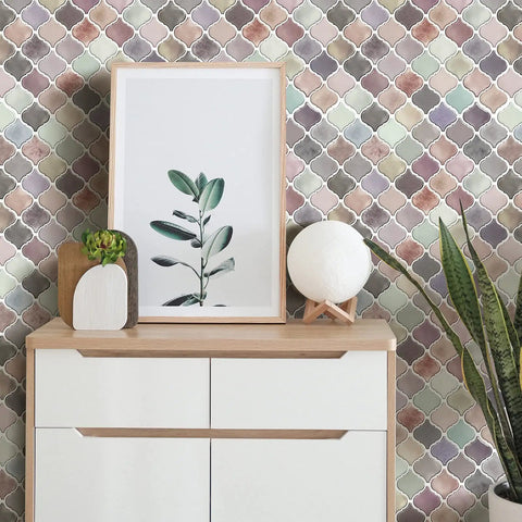 Room interior with Pink Arabesque Peel And Stick Tile Backsplash 12x12 Self Adhesive Kitchen Tiles, decorative plants and framed art.