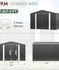 8x8 Ft Outdoor Metal Storage Shed With Lockable Doors Updated Frame Structure Large Garden Tool Storage For Backyard Patio Lawn Black Weather Resistant Heavy Duty Steel Construction Easy Assembly For Long Lasting Outdoor Use, front and side views with dimensions listed, includes two pairs of gloves