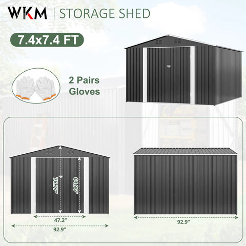 8x8 Ft Outdoor Metal Storage Shed With Lockable Doors Updated Frame Structure Large Garden Tool Storage For Backyard Patio Lawn Black Weather Resistant Heavy Duty Steel Construction Easy Assembly For Long Lasting Outdoor Use, front and side views with dimensions listed, includes two pairs of gloves