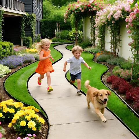 Children and dog running on path with 4 Inch Tall Landscape Edging Kit With 132 Feet Of No Dig Plastic Border, flower beds visible.