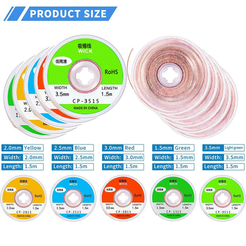 10 Pack Pro Grade No Clean Solder Wick Desoldering Braid With Flux For PCB Repairs, shown in assorted sizes and colors