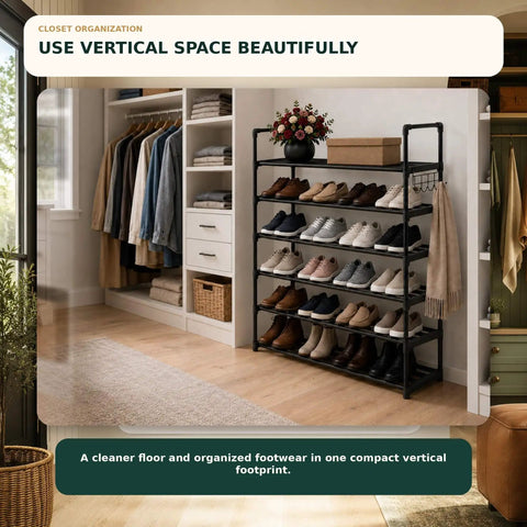 Solid Six Tier Metal Shoe Rack Adjustable Stackable Boot And Sneaker Storage Shelf With Hooks Hallway Flex Closet Refresh No Drama Easy Setup Black Frame Entryway Organizer