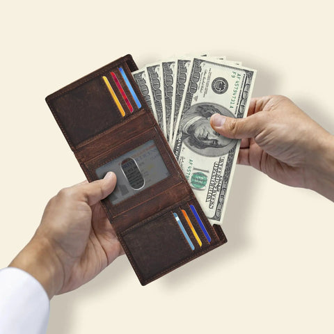 Mens Trifold Leather Wallet With RFID Blocking Slim Minimalist Front Pocket Dope Look Real Leather opened with ID window