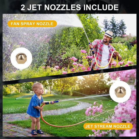 Man and child using High Pressure Hose Nozzle With Dual Nozzles Power Washer Wand for garden cleaning with fan and jet sprays