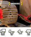 Heavy Duty Ratcheting Chain Binder Kit For 3/8 Inch Grade 70 Extra Long 20 Foot Chain With Load Binder Set Built For Tough Towing 6600 Lb Working Load Limit Forged Steel Construction securing heavy equipment