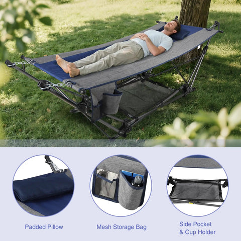 Man relaxing on Portable Folding Hammock With Stand Removable Pillow Storage Net Foldable Lounge Camping Bed Outdoors
